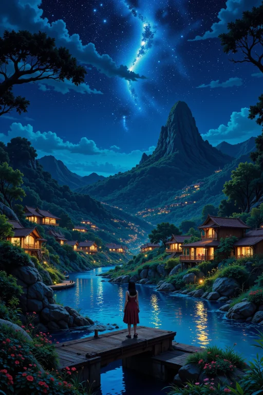 Malaysian Beautiful Landscape, Bright Luminous Night, Woman,...