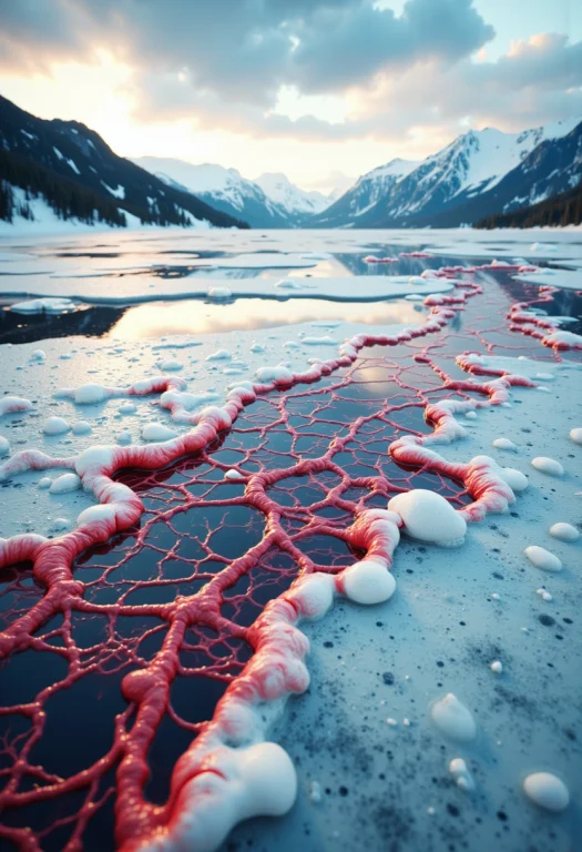Red Veins On Ice Of Lake Baikal, Saturated Colors