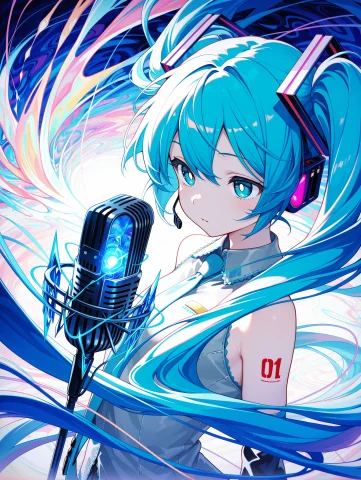 1girl, Hatsune Miku, White Pupils, Power Elements, Microphon... — Stable Diffusion AI Prompt: 1girl, hatsune miku, white pupils, power elements, microphone, vibrant blue colo...