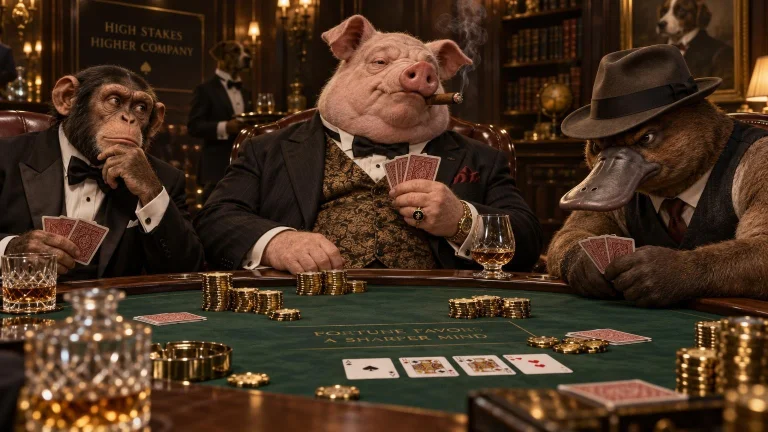 A Sophisticated Poker Game Featuring Anthropomorphic Animals...