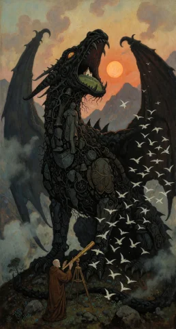 A Colossal Black Creature Resembling A Medieval Dragon Stand... — Stable Diffusion AI Prompt: A colossal black creature resembling a medieval dragon stands on a mountain ridg...