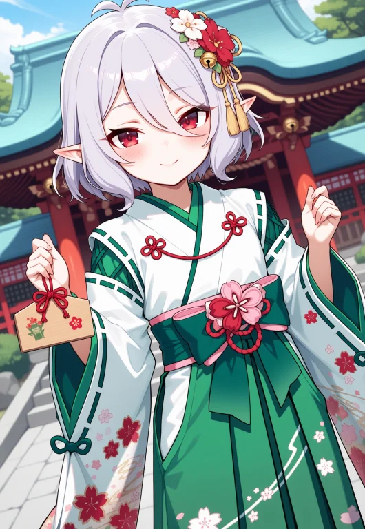 Outdoors, Temple, 1girl, Solo, Pcrkok, Short Hair, Grey Hair...