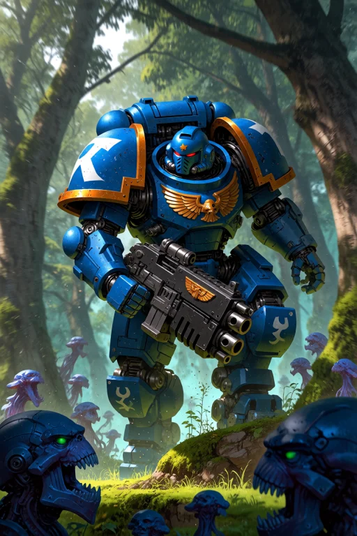 , Space Marine Riding A Tau Battlesuit Into A Forest Clearin...