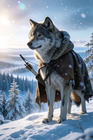 A Large Gray Wolf Wearing A Weathered Leather Scouts Cloak W... — Stable Diffusion AI Prompt: A large gray wolf wearing a weathered leather scout's cloak with fur hood standi...