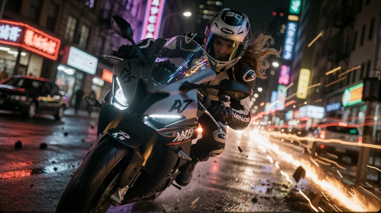 Woman Riding A High-performance Motorcycle In An Illegal Nig...