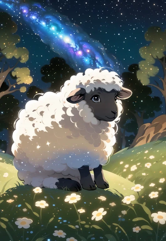 A Small Cute Chibi Sheep Is Sitting In A Field At Night. The...