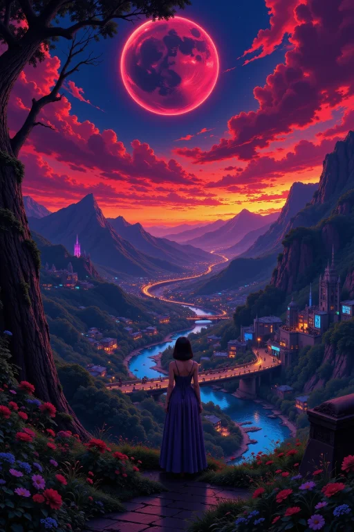 Cyberpunk World Beautiful Landscape, Evening, Woman, Very In...