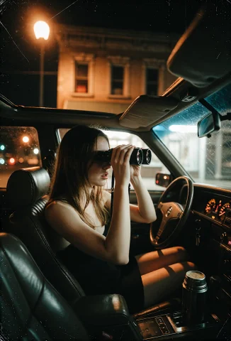 A Tense Night Shot Inside A Parked Sedan Across The Street F... — Stable Diffusion AI Prompt: A tense night shot inside a parked sedan across the street from a darkened jewel...