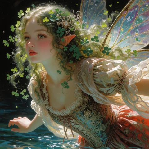 A Stunningly Beautiful Young Beauty With Cascading Clover Ha... — Stable Diffusion AI Prompt: A stunningly beautiful young beauty with cascading clover hair adorned with deli...