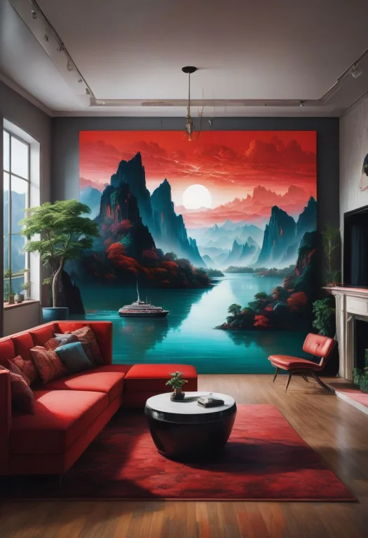 A Photograph Of A River Flowing Out Of A Painting On A Livin...