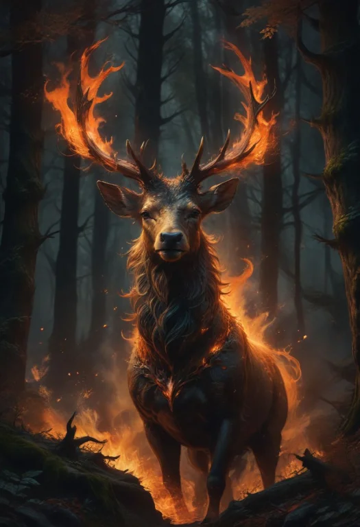 A Majestic Stag, Its Antlers Adorned With Flickering Flames,...