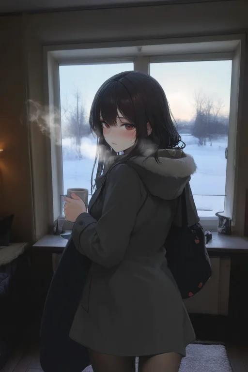 1girl, Winter, Steam, Looking Back, Looking At Viewer, Blush...