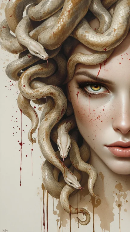A Woman With Medusa-like Snakes In Her Hair, Close-up Portra...