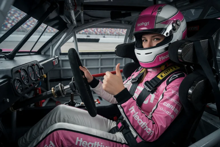 A Young Woman, Wearing Sleek Pink And White Sportswear With...