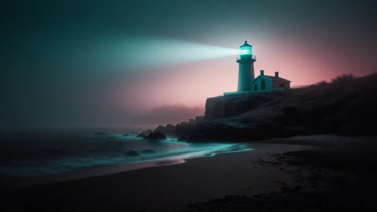 A Lighthouse On A Black Cliff With Its Beam Cutting Through...