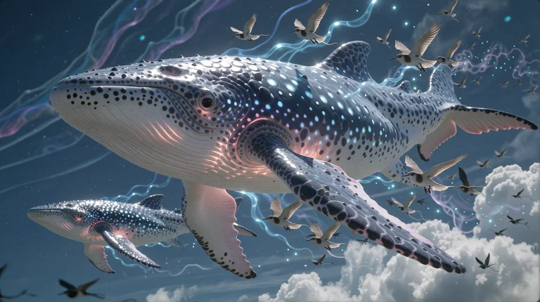 A Pod Of Massive, Bioluminescent Whale-like Creatures Drifti...