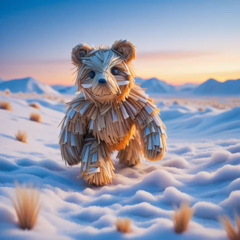 A Bear Made Of Straw Thread, Walking, Windswept Snowy Tundra... — SDXL AI Prompt: A bear made of Straw thread, walking, windswept snowy tundra, sunset, warm orang...