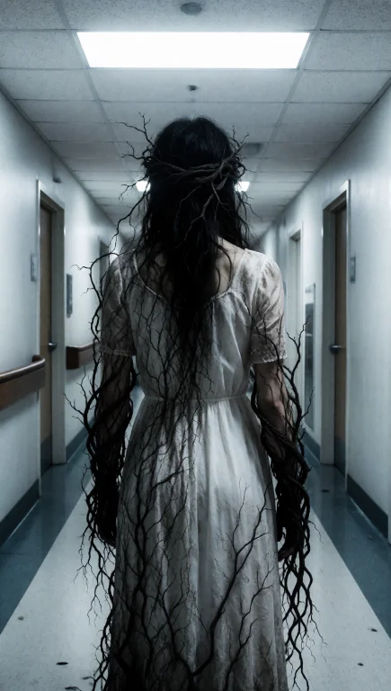 A Woman Viewed From Behind Standing In A Long, Narrow Hospit...