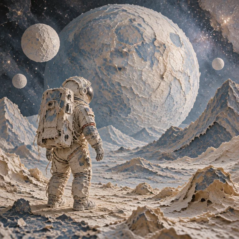 A Lone Astronaut, Clad In A Spacesuit Entirely Sculpted From...