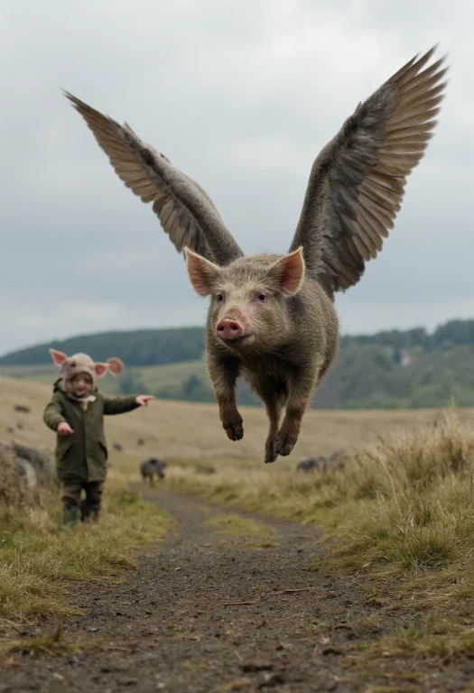 Professional Photography Of A Pig With Long Grey Wings Flyin...