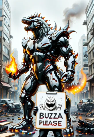 Hilarious Face Off Colossal Mecha Holding A Clip Board Takin... — Stable Diffusion AI Prompt: hilarious face off colossal mecha holding a clip board taking notes facing a col...