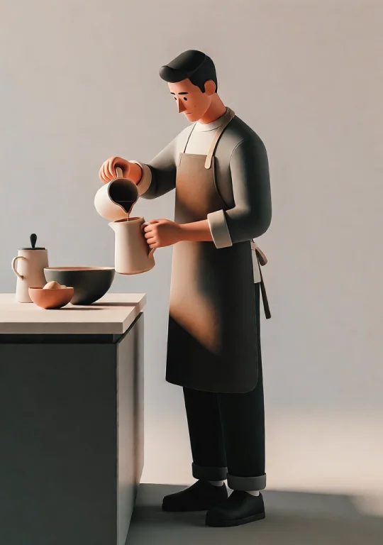 A Man In A Heavy Apron Pouring Liquid Into A Ceramic Pitcher...