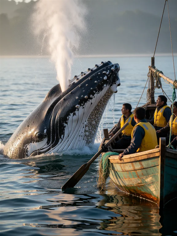 A Colossal Humpback Whale Breaches Near The Surface Of Calm...