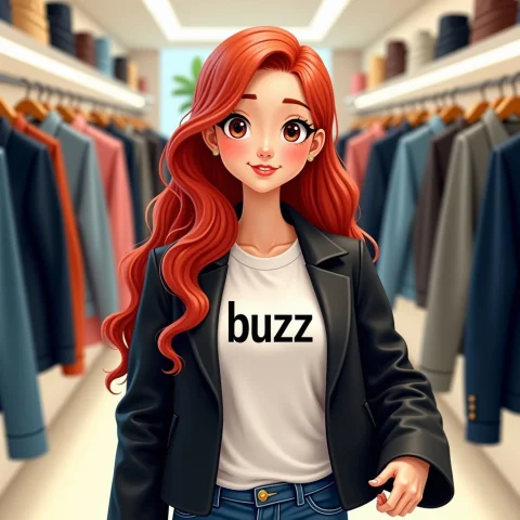 A Cute Girl With Red Hair, Wearing White Shirt And Black Jac... — FLUX AI Prompt: a cute girl with red hair, wearing white shirt and black jacket, a text written...