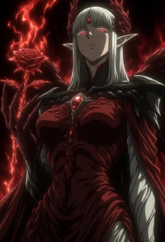 Darkartstyle. A Powerful Elven Sorceress With Pale Hair And... — Stable Diffusion AI Prompt: dark_art_style. A powerful elven sorceress with pale hair and crimson eyes stand...