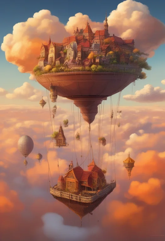 Best Quality, Highly Detailed, A Floating City Tethered Abov...