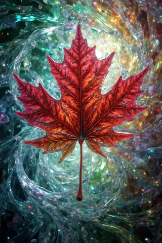 Acrylic, Translucent Style, A Single Crimson Maple Leaf, Spi... — FLUX AI Prompt: Acrylic, Translucent style, A single crimson maple leaf, spiraling in a maelstro...