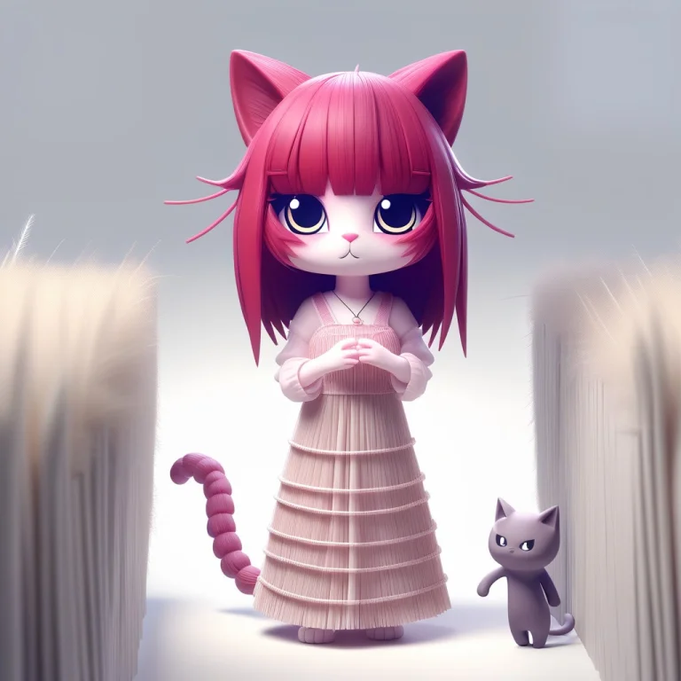 A 3d Chibi Anime Red Hair Cat Girl Wear Straw Long Dresses M...