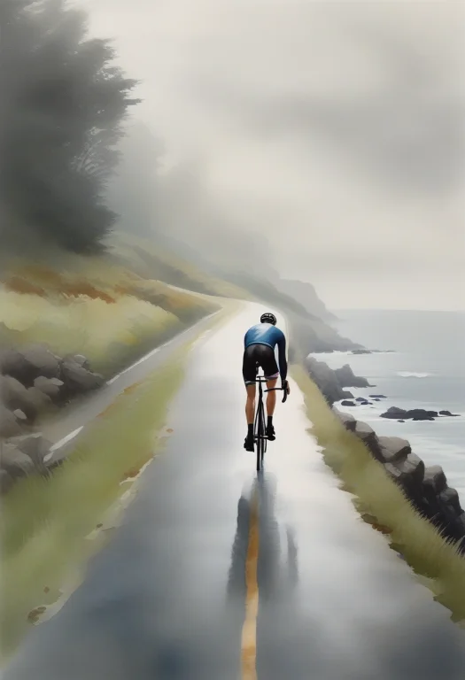 A Cyclist Coasting Down A Misty Coastal Road, Gouache Painti...