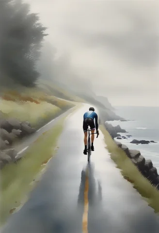 A Cyclist Coasting Down A Misty Coastal Road, Gouache Painti... — SDXL AI Prompt: a cyclist coasting down a misty coastal road, gouache painting, overcast light,...