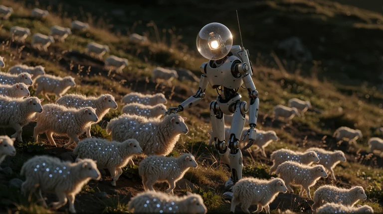 A Single Tall, Spindly Robot With A Softly Glowing Lantern-l...