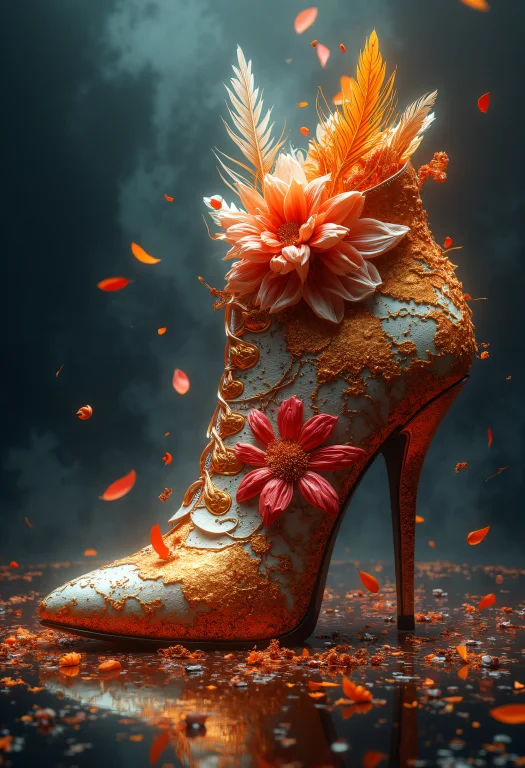 Abstract, Giant Extremely Detailed Shoe With Flowers, Feathe...
