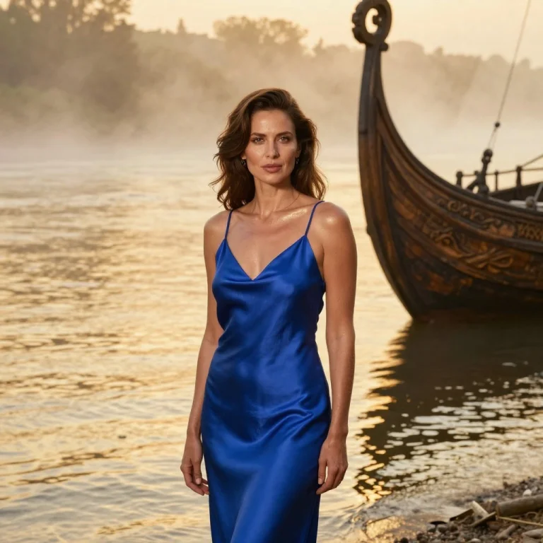 Candid Portrait Of A Woman In A Cobalt Blue Silk Slip Dress,...