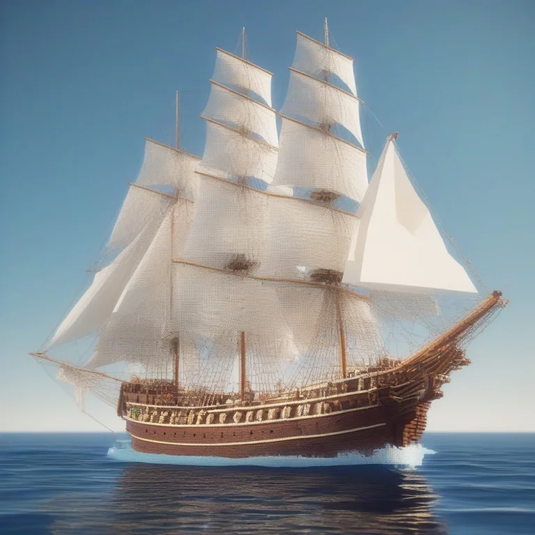A Tall Ship Under Full Sail In Open Water, Voxel Art, Tilt-s...