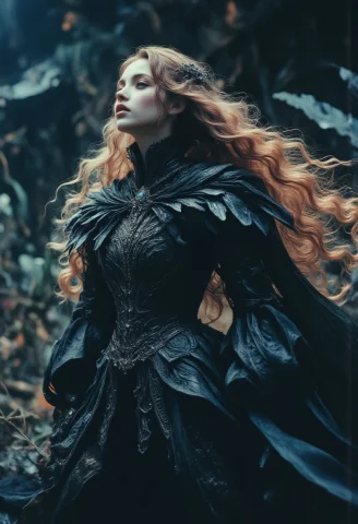 A Woman With Shrouded Hair And A Cascade Of Billowing, Feath... — FLUX AI Prompt: A woman with shrouded hair and a cascade of billowing, feathered cloak, stands i...