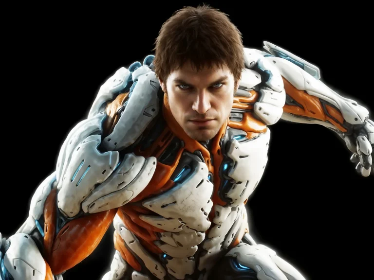 Man In White Orange Cybernetic Armor Intense Expression Blac...