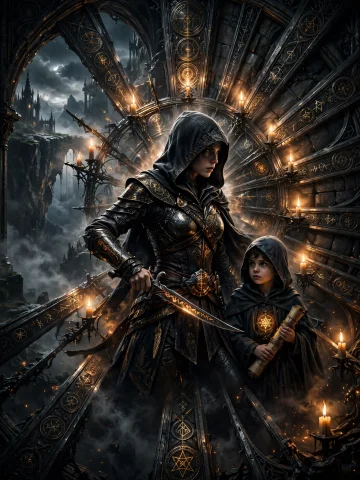 A Dramatic, High-fidelity Digital Illustration Of A Hooded F... — Stable Diffusion AI Prompt: A dramatic, high-fidelity digital illustration of a hooded female assassin stand...