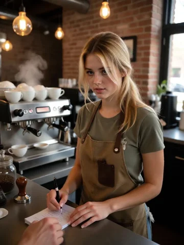 Cinematic Medium Shot Of Agathab, A 24-year-old Female Baris... — Stable Diffusion AI Prompt: Cinematic medium shot of AgathaB, a 24-year-old female barista with blonde hair...