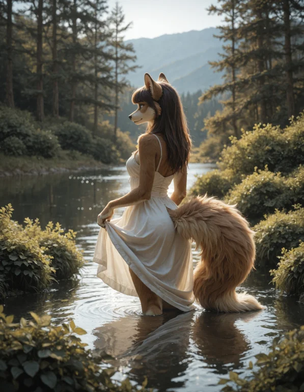 Bushes, Lake, In Water, Wading, Dress, Fluffy Tail, Outdoors...