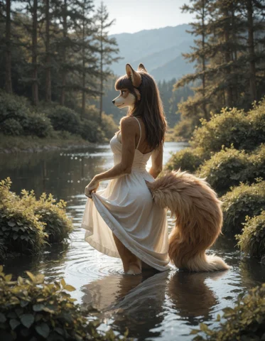 Furry Anthro Wading in Water — Stable Diffusion AI Prompt: bushes, lake, in water, wading, dress, fluffy tail, outdoors, masterpiece, ultra...