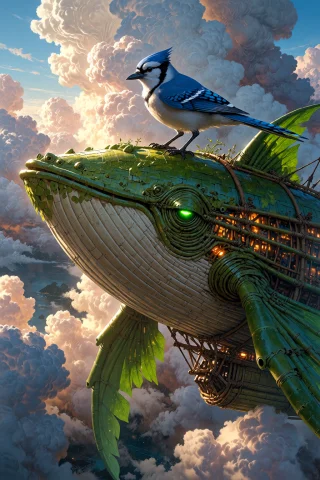 Bamboo Whale Airship Art — Stable Diffusion AI Prompt: , A photorealistic, highly detailed photograph of a bamboo airship shaped like a...