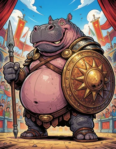 Gigantic Hippo Gladiator Comic Illustration — Stable Diffusion AI Prompt: exaggerated comic-book illustration of a gigantic anthropomorphic hippopotamus g...