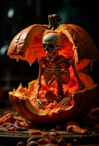 A Fractured, Exploded Pumpkin, With Red Glowing Veins, From... — FLUX AI Prompt: a fractured, exploded pumpkin, with red glowing veins, from which a skeleton eme...