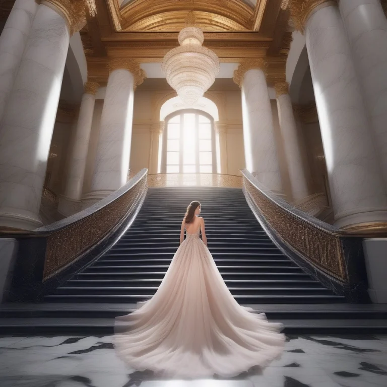 A Ballgown Descending A Grand Marble Staircase, Portrait Pho...