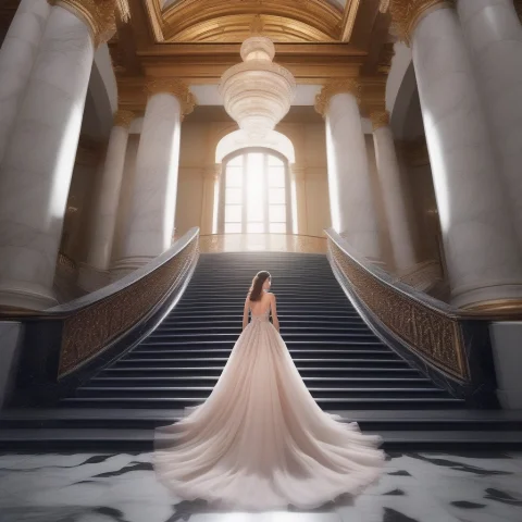 A Ballgown Descending A Grand Marble Staircase, Portrait Pho... — SDXL AI Prompt: a ballgown descending a grand marble staircase, portrait photography, wide angle...
