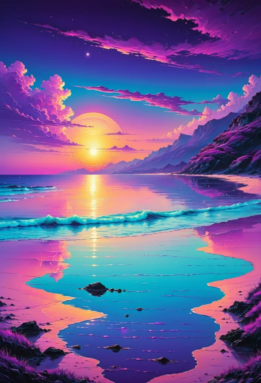 Sea, Beach, Calm Sea, Sunset, Reflection, Purple Theme, Retr...